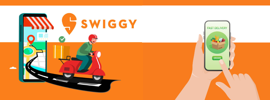 Swiggy delivery boy delivering food on scooter to the customer that orders food from swiggy's mobile app