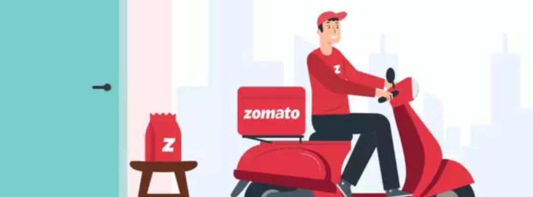 Zomato Delivery Boy Delivering food on red scooter with zomato bag