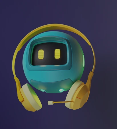 Innovative AI chatbot development represented by a futuristic chatbot with headphones, symbolizing intelligent automation and customer engagement.