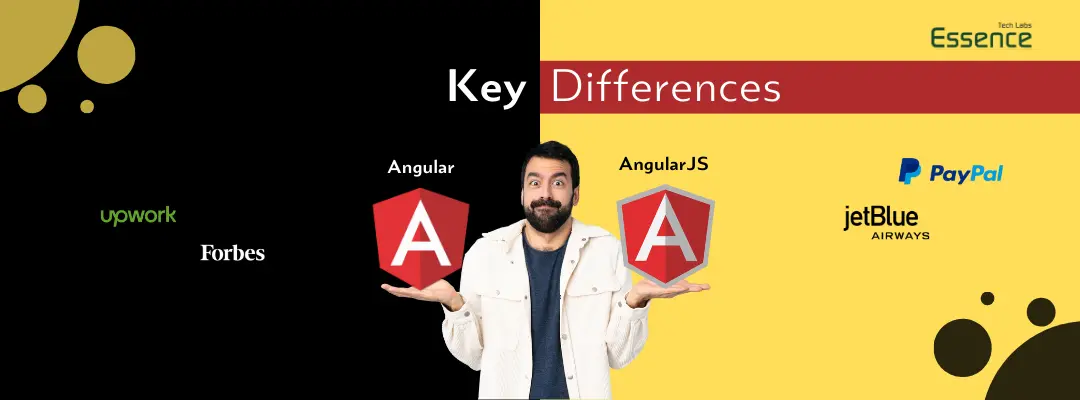 Angular vs AngularJS Key Differences in 2025 – A side-by-side comparison featuring popular companies like Upwork, Forbes, PayPal, and JetBlue Airways. Presented by Essence Tech Labs.