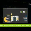 Illustration of a developer working with Node.js technology, showcasing icons of popular Node.js-based applications like Spotify, Netflix, Trello, and Slack. Highlighted text reads 'Best Applications to Develop with Node.js,' representing modern development solutions offered by Essence Tech Labs.