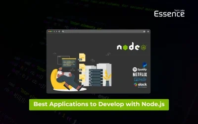 Illustration of a developer working with Node.js technology, showcasing icons of popular Node.js-based applications like Spotify, Netflix, Trello, and Slack. Highlighted text reads 'Best Applications to Develop with Node.js,' representing modern development solutions offered by Essence Tech Labs.