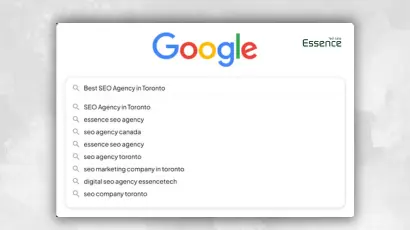 Google search suggestions for the best SEO agency in Toronto by Essence Tech Labs, featuring related keywords like SEO agency Canada, SEO marketing company, and digital SEO agency