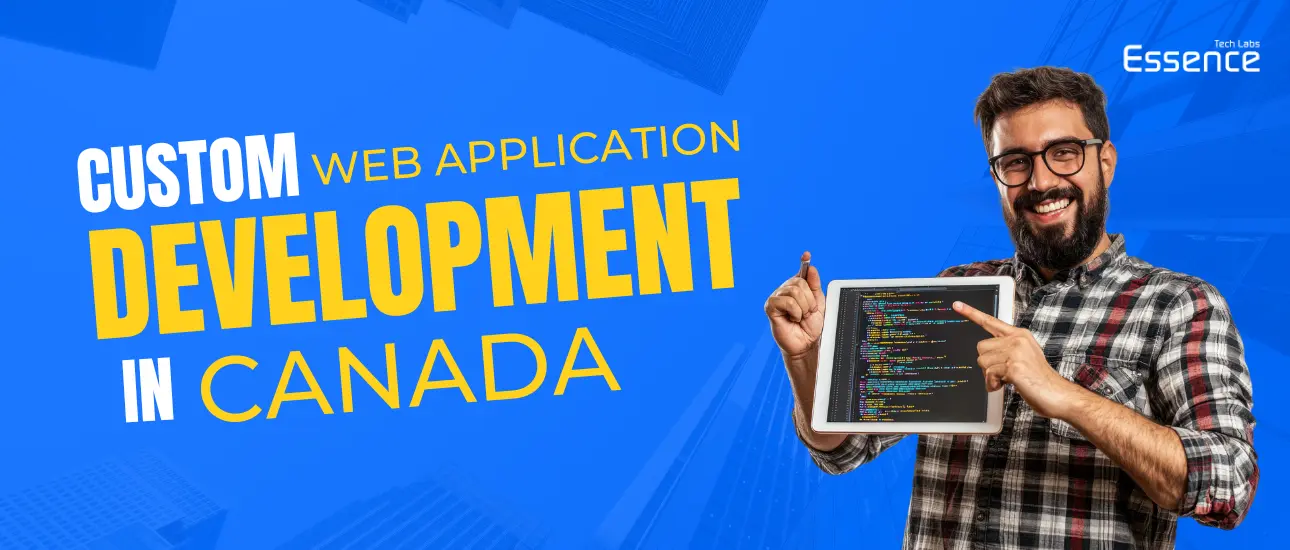 Custom Web Application Development in Canada - A developer showcasing modern web coding on a tablet, highlighting advanced solutions by Essence Tech Labs for tailored digital transformation.