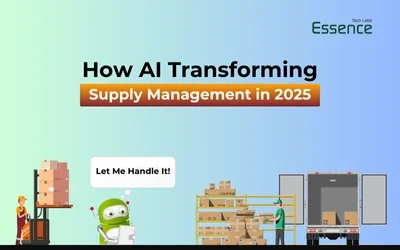 Wide banner showcasing how AI is transforming supply management in 2025, featuring a robot managing inventory alongside warehouse workers. Essence Tech Labs logo included.