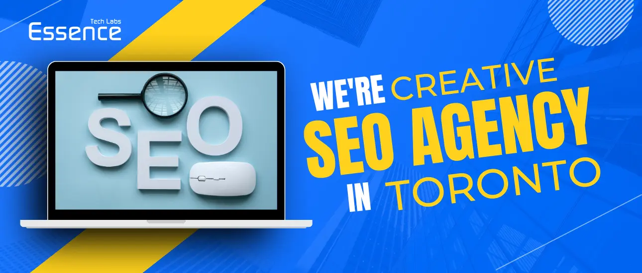 Creative SEO agency in Toronto - Essence Tech Labs. Blue-themed banner with laptop showcasing the word 'SEO' and a magnifying glass highlighting digital marketing expertise.