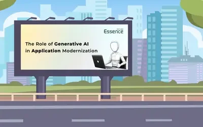 Billboard showcasing 'The Role of Generative AI in Application Modernization' by Essence Tech Labs, featuring a futuristic AI figure on a laptop.