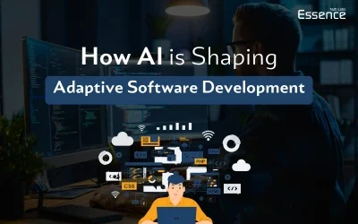 AI-driven adaptive software development banner by Essence Tech Labs, showcasing a developer working on AI-powered coding solutions with cloud computing and programming tools.