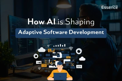 AI-driven adaptive software development banner by Essence Tech Labs, showcasing a developer working on AI-powered coding solutions with cloud computing and programming tools.