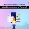 How much does web development cost in Toronto? - Illustration of a developer working on coding and design at a desk, with a city skyline background. Web development pricing insights by Essence Tech Labs.