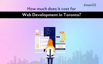 How much does web development cost in Toronto? - Illustration of a developer working on coding and design at a desk, with a city skyline background. Web development pricing insights by Essence Tech Labs.