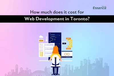 How much does web development cost in Toronto? - Illustration of a developer working on coding and design at a desk, with a city skyline background. Web development pricing insights by Essence Tech Labs.