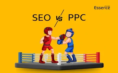 SEO vs PPC digital marketing comparison illustrated as a boxing match, representing organic search optimization versus paid advertising. Essence Tech Labs branding.