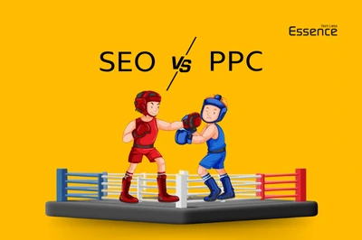 SEO vs PPC digital marketing comparison illustrated as a boxing match, representing organic search optimization versus paid advertising. Essence Tech Labs branding.