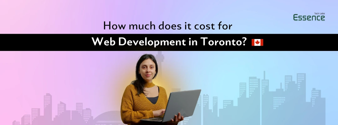 How much does web development cost in Toronto? - Illustration of a developer working on coding and design at a desk, with a city skyline background. Web development pricing insights by Essence Tech Labs.