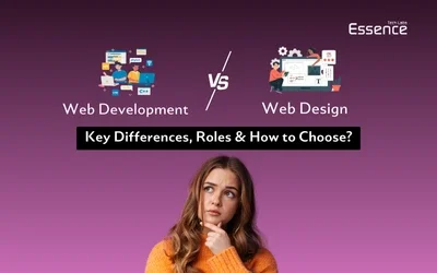 A confused woman in an orange sweater thinking about web development vs web design, with icons representing coding and design differences.