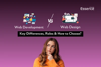 A confused woman in an orange sweater thinking about web development vs web design, with icons representing coding and design differences.