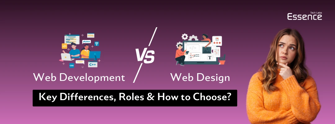 A wide banner showing web development vs web design comparison, featuring coding and design icons with a confused woman contemplating the right choice.