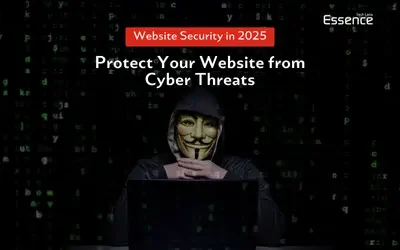 Hacker in Guy Fawkes mask behind a laptop, highlighting 'Website Security in 2025' and the need to protect against cyber threats.