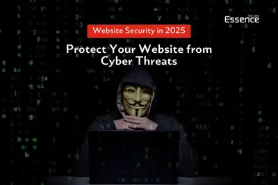 Hacker in Guy Fawkes mask behind a laptop, highlighting 'Website Security in 2025' and the need to protect against cyber threats.