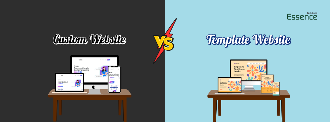 A split-screen graphic contrasting “Custom vs Template Websites” on a light background, with multiple devices displayed under each approach.