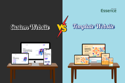 A split-screen graphic showing a dark background on the left labeled "Custom vs Template Websites displaying respective website designs, with the Essence Tech Labs logo in the top right corner.